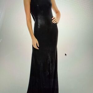 Mac Duggal Metallic Cowl Back Black Column Gown